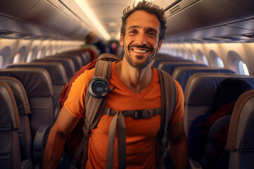 Canvas Print - male backpacker traveler passenger Smiling on the plane in front of the passenger seat bokeh style background