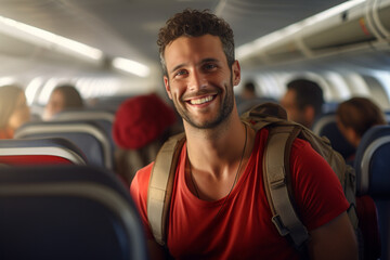 Canvas Print - male backpacker traveler passenger Smiling on the plane in front of the passenger seat bokeh style background