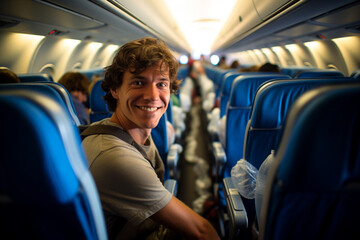 Canvas Print - male backpacker traveler passenger Smiling on the plane in front of the passenger seat bokeh style background