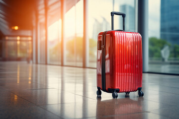 Canvas Print - A red suitcase at the airport terminal bokeh style background