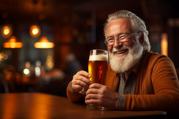 happy old man holding a beer on the bar counter bokeh style background