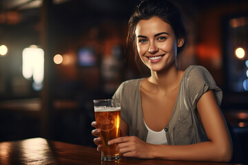 happy women holding a beer on the bar counter bokeh style background