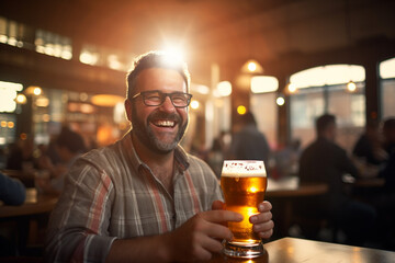 happy man holding a beer on the bar counter bokeh style background