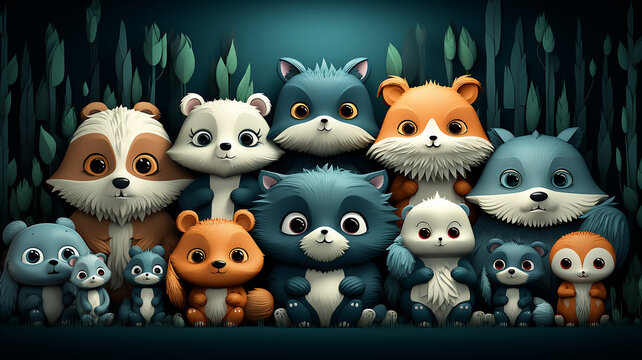 illustration group cartoon cute creatures similar to cats texture background many heads, fictional abstract creatures computer graphics