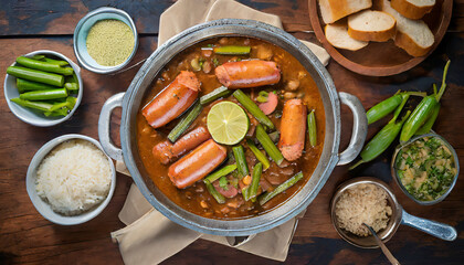 Wall Mural - A top-down shot of a Louisiana gumbo captures the rich and hearty combination of andouille sausage, chicken, okra, and a flavorful roux, embodying the essence of Creole cuisine.