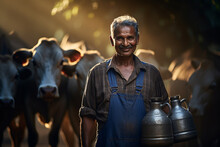 Farmer Man Holding Milk Tank In Front Of His Cows Bokeh Style Background
