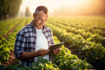 Wall Mural - an agricultural man smiles while working in a field with a tablet bokeh style background