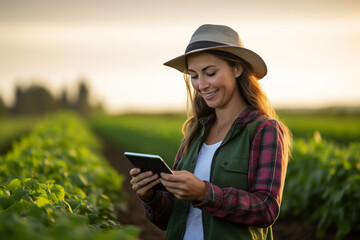 Wall Mural - an agricultural woman smiles while working in a field with a tablet bokeh style background