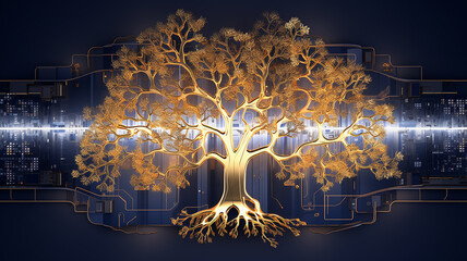 Poster - background concept is artificial intelligence, a symbol of nature and growth, a tree of life and a brain integrated and combined with a computer chip, fictional graphics