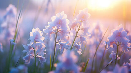 Wall Mural - delicate soft pastel blue flowers in the morning mist, light blue irises on a wild field in the pink tones of spring