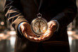 close up of businessman holding a clock time management concept bokeh style background