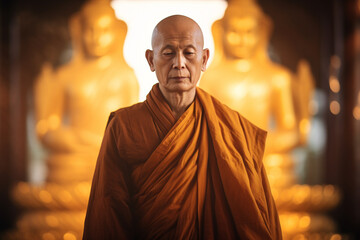 buddhist monk standing in front of the buddha statue bokeh style background