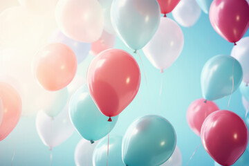 In the air, a closeup view reveals a bunch of helium balloons in vibrant colors a festive setting for a cheerful birthday or anniversary party. AI Generative.