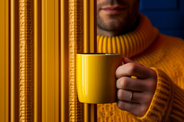 man holding coffee cup beside the window