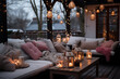 cozy outdoor patio decorated to Christmas Holiday. winter at home