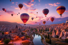 Vibrant Hot-air Balloons Hovering In The Sky On Sunrise, Cappadocia, Turkey