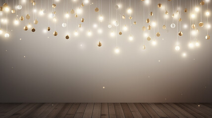 Wall Mural - a lot of burning bulbs and glowing lights, an abstract festive banner background, a podium for a new product