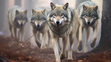  a pack of wolves in the autumn forest , frontal view of wildlife, predators hunting, fear of the attack of wild animals
