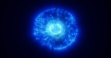 Abstract Blue Energy Glowing Digital Sphere Atom Made Of Iridescent Energy From Moving Electric Plasma Liquid On Black Background