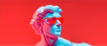 Marble White Sculpture Headbust Of Greek God Apollo With Sunglasses In Bright Neon Red Background From Generative AI