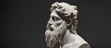 Marble White Sculpture Headbust Of Greek God Zeus In Plain Dark Black Background From Generative AI