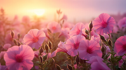 Wall Mural - pink flowers wild field on the background of fog, morning view fragrance and coolness of petunia