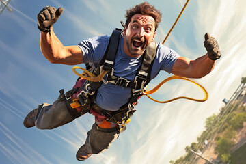 A young man does a bungee jumps.