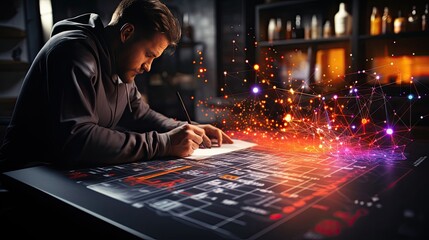 Poster - A man draws important drawings documents abstract high-tech graphs and calculations, concept mental highly professional intellectual work and making deals in business