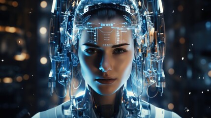 Poster - High tech woman robot cyborg with artificial intelligence futuristic on blue blurred background