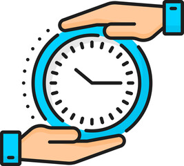 Fototapete - Time saving, CMS content management system icon, digital media service optimization, vector line pictogram. CMS and time management, clock in hands icon for work efficiency and media administration