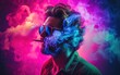 © piai - Man wearing sunglasses is smoking a cigarette, colorful neon smoke
