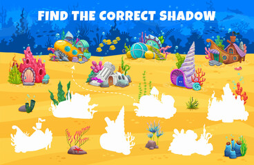 Poster - Find the correct shadow of fairytale underwater house buildings kids game worksheet. Shadow matching vector quiz puzzle with cartoon submarine, ship, seashell, ruins and coral houses on sea bottom