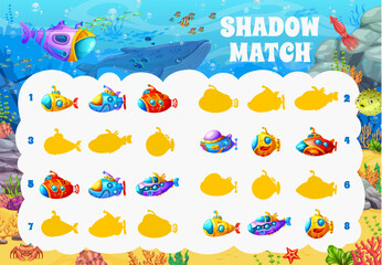 Aufkleber - Shadow match game worksheet, cartoon underwater landscape and submarine bathyscaphe, vector puzzle. Find and match suitable shadow silhouette of submarine and bathyscaphe boat in undersea coral reef