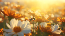 Bees Pollinate Flowers In The Morning Fog Of The Last Days Of Summer, Landscape, Silence And Beauty Of Wildlife In Early Autumn