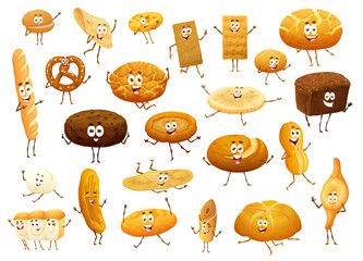 Wall Mural - Cartoon isolated bread and bakery funny characters. Vector bake shop products wheat, rye loafs, pretzel, buns, patty pie. Pastry personages with cute smile faces, design elements for kids cafe menu