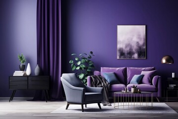 Wall Mural - modern living room interior design, purple sofa and armchairs dark blue wall with poster. generative ai