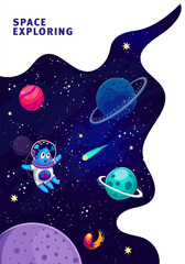 Poster - Space landing page, poster or flyer with cartoon starry universe, galaxy planets and stars, vector website background. Alien in outer space for galaxy spaceflight to planets in sky on landing page
