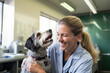 a female pet vet  hugging a dog bokeh style background