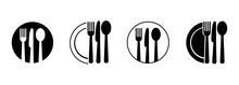 Set Of Fork, Knife, Spoon. Logotype Menu. Set In Flat Style. Silhouette Of Cutlery. Vector Illustration