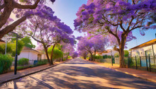 A Suburban Street Lined With Jacaranda Trees In Full Bloom In Pretoria, South Africa, Creating A Vibrant Purple Canopy In The Spring.