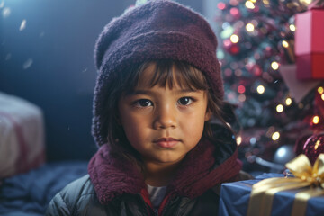 Wall Mural - the child receives a gift for the new year. On Christmas night, a little girl. on the background of the Christmas tree