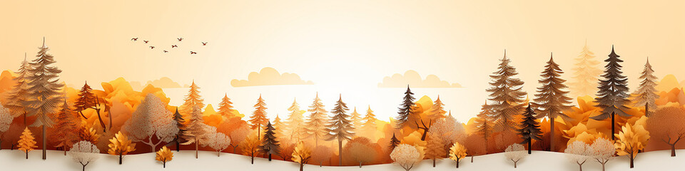 Sticker - a row of yellow trees autumn panoramic drawing cartoon background.