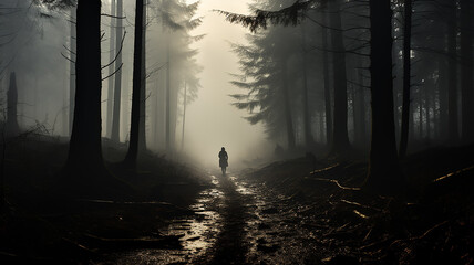 Wall Mural - landscape misty path in the forest in the rays of the sun at dawn mysterious view.