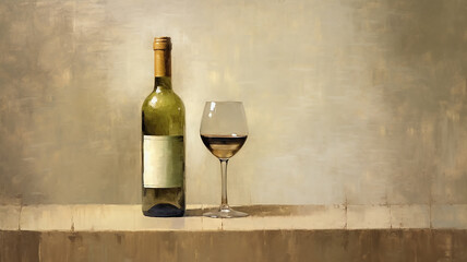 Wall Mural - a bottle of wine and a glass of classic oil painting.