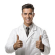 A Caucasian adult doctor showing thumbs up with both hands and smiling on transparent or white background