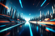 Abstract blurred futuristic city against night sky reflected in a mirror surface. Fantastic landscape. Futuristic beautiful composition.