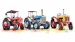 vintage tractors watercolor on white background.