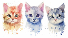 Multicolored Watercolor Cats On A White Background Isolated.  AI