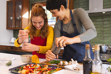 Happy biracial lesbian couple cooking, seasoning chopped vegetables in kitchen at home