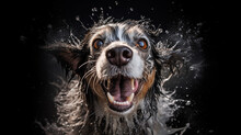 Dog Shakes Off Water Studio Photo Black Background, Happiness Joy.